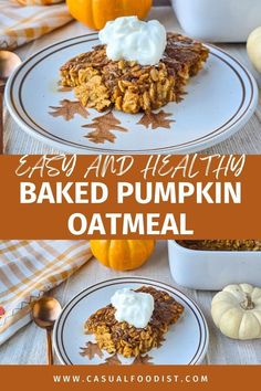 an image of baked pumpkin oatmeal with whipped cream on top and in the background