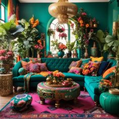 a living room filled with lots of colorful furniture and flowers on top of the couches