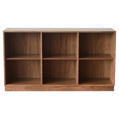 an empty wooden shelf with four shelves on one side and two doors to the other