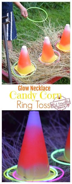 glow necklace candy corn ring tosser is shown with the instructions to make it in different colors