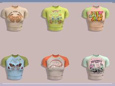 six t - shirts with different designs on them, all in different colors and sizes