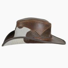 This exquisite Pinto leather cowboy hat offers the perfect combination of western and urban style. Its classic western outback brim, hair on calf mid crown, and brown three-braided band with a brown leather tab make for a sophisticated and timeless design. Whether you're looking to complete a cosmopolitan look or embrace your inner cowboy, this classic piece will always be en vogue. Featuring a super comfortable removable sweatband liner that attaches securely with velcro tabs sewn-in to the hat Rustic Leather Fedora For Rodeo, Leather Fedora Hats For Rodeo, Brown Leather Brimmed Fedora, Leather Brimmed Fedora For Rodeo, Western Leather Fedora With Flat Brim, Western Style Leather Fedora With Flat Brim, Brown Leather Fedora For Rodeo, Rustic Leather Fedora For Western-themed Events, Leather Fedora For Rodeo With Short Brim