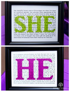 two framed pictures with the words she and he in different colors, one is purple