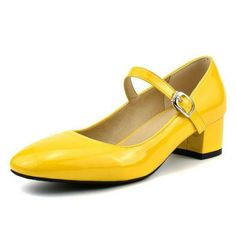 Spring Patent Leather Mary Janes With Block Heel, Spring Patent Leather Mary Janes With Ankle Strap, Spring Patent Leather Mary Janes With Flat Heel, Spring Patent Leather Mary Janes With Low Heel, Yellow Patent Leather Heels For Spring, Yellow Patent Leather Heels With Round Toe, Black And White Pumps, Mary Jane Shoes Black, Yellow Pumps