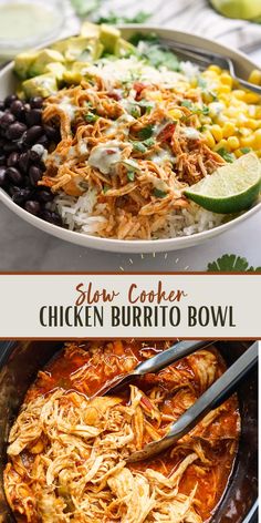 slow cooker chicken burrito bowl with black beans, corn and avocado