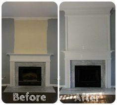 before and after pictures of a fireplace in a living room with white paint on the walls