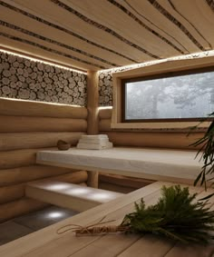 the interior of a log cabin with white towels and plants in front of a window