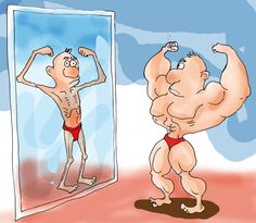 an image of a man looking at himself in the mirror while brushing his teeth and getting ready to go swimming