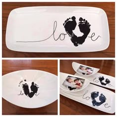 three pictures of baby feet and hand prints on a white tray with the words love painted on it