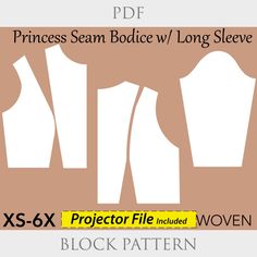 the princess seam bodice / long sleeve sewing pattern is shown in three different sizes