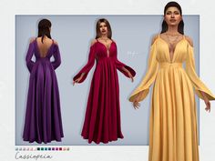 three different colored dresses with long sleeves and open shoulders, all in various colors from yellow to purple