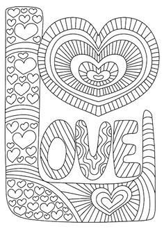 a coloring page with the word love and hearts