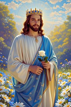 jesus holding a white rose and wearing a blue robe with flowers in front of him