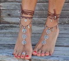 This listing is for a PAIR of barefoot sandals. Beautiful and unique barefoot sandals with a ethnic vibration. They look great as necklace or on the hands too :) The brown suede leather sandals (picture 3) are also available in my shop https://www.etsy.com/listing/815152912 They make a beautiful combination with the macrame anklet and the tree of life toe ring shown in the pictures. If you want to purchase the combination just choose bare sandals+anklet from the options available (you will get t Silver Bohemian Anklets For Beach Season, Bohemian Jewelry For Beach Season Parties, Bohemian Beach Season Party Jewelry, Handmade Silver Barefoot Sandals For Beach, Silver Bohemian Barefoot Sandals As Gift, Handmade Adjustable Silver Barefoot Sandals, Silver Bohemian Barefoot Sandals For Gift, Bohemian Anklets For Beach Season Wedding, Silver Beaded Barefoot Sandals For Beach