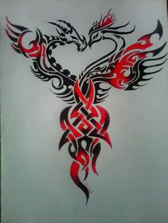 a tattoo design on the side of a white sheet with red and black designs in it