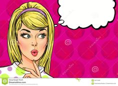 pop art illustration of a blonde woman with speech bubble above her head on pink background