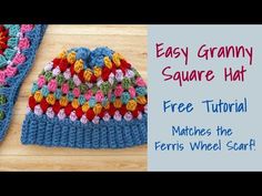 two crocheted hats sitting next to each other on a wooden surface with the text easy granny square hat