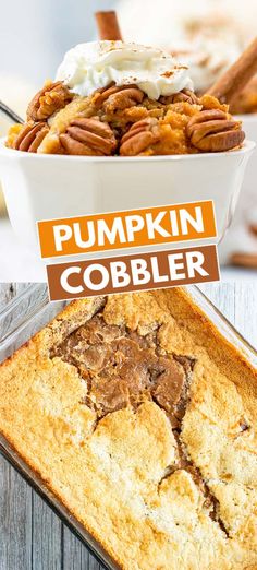 pumpkin cobbler recipe in a white dish on top of a wooden table