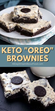 keto'oreo brownies with cream cheese frosting and cookies on top