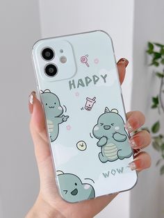 a person holding up a phone case with an image of two bears and the words happy on it