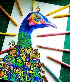 a peacock is surrounded by colored pencils on a piece of paper that has been drawn