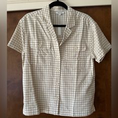 New With Tags, Never Worn, 100% Cotton Short Sleeve Collar Shirt, 2 Button Flap Pockets On Front, Cute With Jeans, Shorts Etc Gingham Shorts, Gingham Shirt, Collar Shirt, Button Shirt, Cream White, Collar Shirts, Jeans Shorts, Cotton Shorts, White Shirt