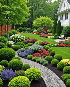 a garden with lots of different types of flowers and plants in it, along with a walkway