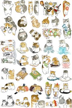 a bunch of cats that are drawn in pencil and watercolor on paper, each with different