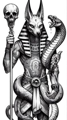 an egyptian god with two snakes and a skull