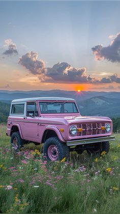 a pink jeep parked on top of a lush green hillside under a cloudy sky at sunset