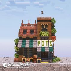 an image of a house made out of blocks and bricks with plants growing on the windows