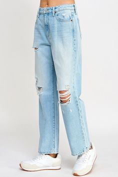 Light wash vintage high rise, loose, straight leg jeans with distressing Sizes 1-13