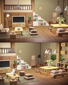 two pictures of the same living room with furniture and bookshelves on each side