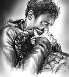 a pencil drawing of a man holding a woman's head and kissing her cheek