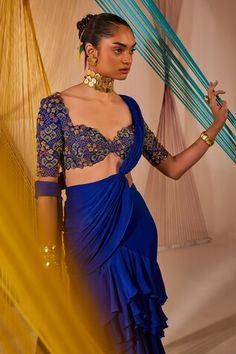 Royal blue pre-draped ruffle saree in satin chiffon base. Comes with a raw silk padded blouse with resham knots, zardosi and badla jaal hand embroidery. - Aza Fashions Saree Satin, Ruffle Sarees, Ruffle Saree, Padded Blouse, Drape Saree, Blue Saree, Embroidered Blouse, Raw Silk, Aza Fashion