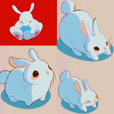 four different images of a cartoon bunny laying on the ground