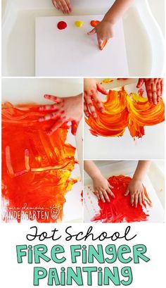 children's hands and fingers painting on paper with text overlay that reads, not school fire finger paintings