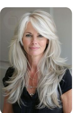 Stunning Blonde Hair, Diamond Blonde Hair, Long White Hairstyles, Long Hairstyles For Square Faces, Platinum Ice Blonde Hair, Long Hair Over 50 Older Women, Pearl Blonde Hair, Long Layered Hair With Side Bangs, Layered Hair With Bangs