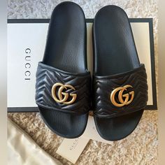 Men’s Gucci Slides . See Bottom For Wear. Like New . No Scratches Or Signs Of Wear Designer Slides With Cushioned Footbed, Gucci Leather Slides, Gucci Designer Leather Slides, Casual Gucci Leather Sandals, Casual Leather Gucci Slides, Gucci Luxury Slide Sandals, Casual Black Gucci Slides, Gucci Leather Sandals With Cushioned Footbed, Designer Gucci Slides With Rubber Sole