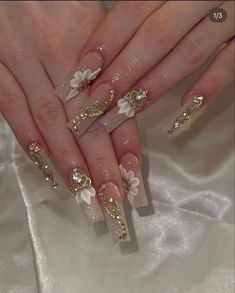 Sweet 16 Nails, Champagne Nails, Quince Nails, Quinceanera Nails, Milky Nails, Long Square Acrylic Nails, Unique Acrylic Nails