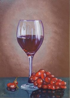 a painting of a glass of wine and cherries