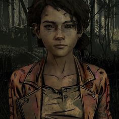 an animated image of a woman in the woods with blood on her face and chest