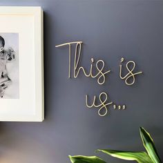 this is us hanging on the wall next to a potted plant and framed photograph