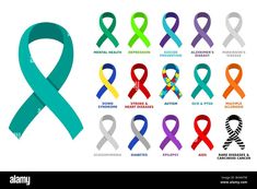 multiple colored awareness ribbons with the names and colors