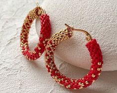 Beaded Hoop Earrings in Ombre Red and Pink, Lightweight Earrings With Miyuki Delica Beads, Beadwork Seed Beads Modern Earrings - Etsy Handmade Red Beaded Hoop Earrings, Small Hoop Beaded Earrings With Faceted Beads For Gift, Gift Small Hoop Beaded Earrings With Faceted Beads, Red Hoop Earrings With Tiny Beads, Seed Beads Earrings, Miyuki Delica Beads, Red Ombre, Beads Earrings, Lightweight Earrings