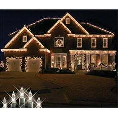 a house with christmas lights on the front and side of it in an advertisement for holiday lights