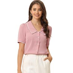 In a lightweight chiffon fabric, this beautiful and casual shirt adds a touch of elegance and cuteness to your wardrobe. The line decoration on the neckline and the V-neck design is a great highlight, full of a sense of detail and design. Pair with pants or a skirt for a casual and charming look. Whether you are going to work or going out for lunch with friends, it is a good choice for a comfortable look. Peter Pan Collar Blouse, Elegant Blouses, Collars For Women, Hem Style, Chiffon Blouse, Vintage Shorts, Work Blouse, Pink Blouse, Pan Collar