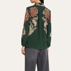 Etro crepe de chine shirt in paisley print Spread collar; button front Long sleeves; button cuffs Straight cut Silk Dry clean Made in Italy Etro Paisley, Silk Shirt, Straight Cut, Paisley Print, Paisley, Tops Designs, In Italy, Dry Clean, Long Sleeves