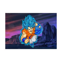 the dragon ball character with blue hair and orange shirt is flying through the air in front of