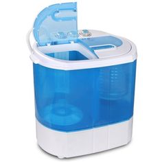 the portable washing machine is blue and white